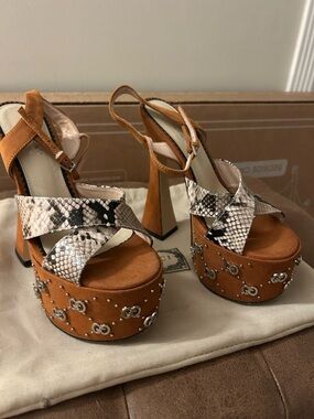Platform High Heel Sandals in Tan with Snake-Print Straps